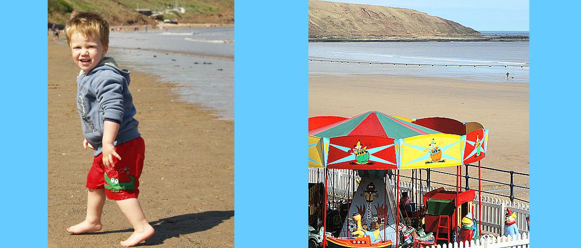 Filey beach with kid and roundabout